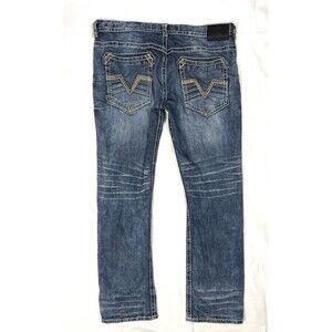 AFFLICTION Ace Jeans Mens 38X33 Blue Distressed Flap Pockets Slim Straight Y2K